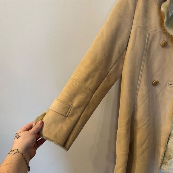 St. John's Bay Women's Camel Faux Suede‎ Overcoat M Fur Trim Vintage Penny Lane - Picture 5 of 8